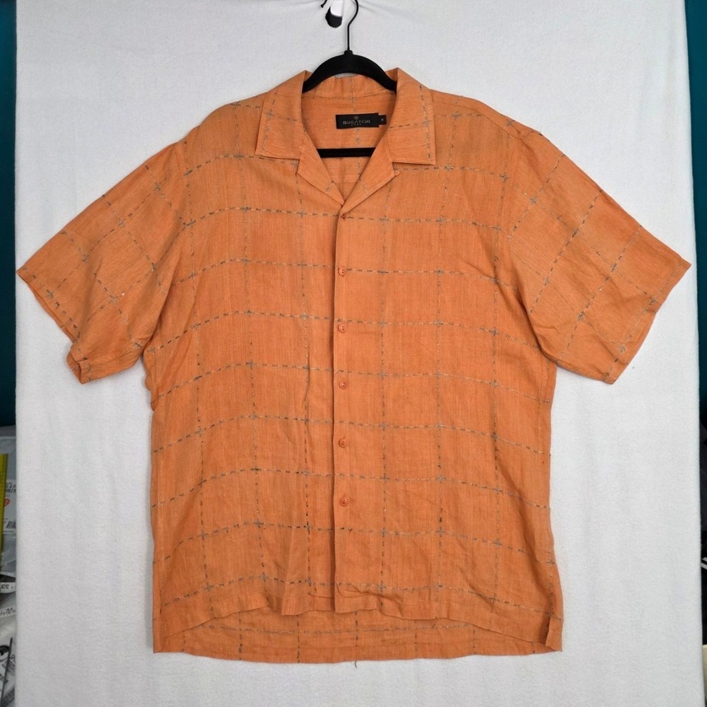 Bugatchi Uomo Linen Shirt Medium Orange Windowpane Stitch Camp Collar Resort